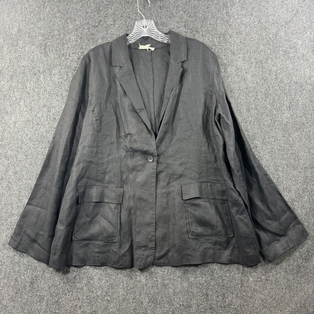 Eileen Fisher Blazer Women's Large Black 100% Linen One Button Pockets